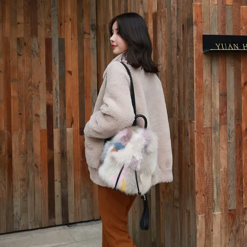 2022 New Women's Fashion Fox Fur Handbag Lovely Mixed Color Messenger Bags Lady Shoulder Bag Large Capacity Totes 7965