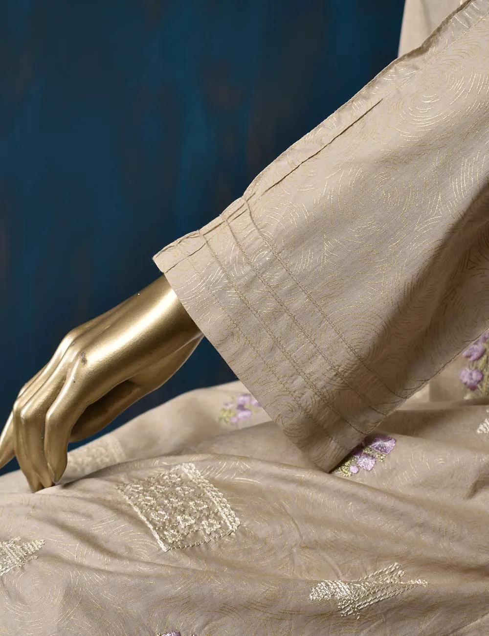 3 Pc Printed and Embroidered Cotton Dress with Embroidered Chiffon Dupatta - Eyebrow (CE-2B-Tan)