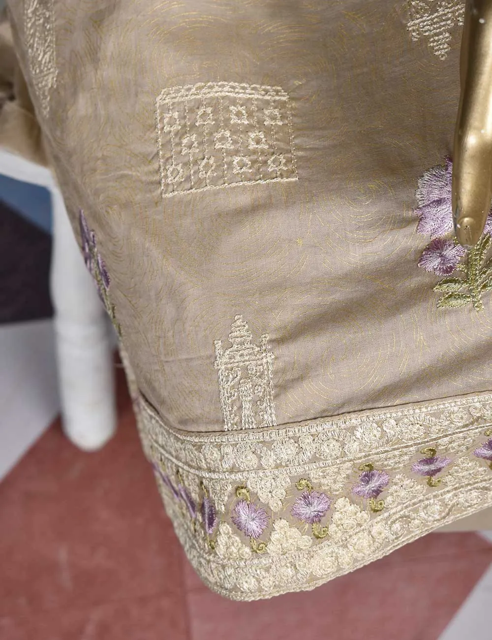 3 Pc Printed and Embroidered Cotton Dress with Embroidered Chiffon Dupatta - Eyebrow (CE-2B-Tan)