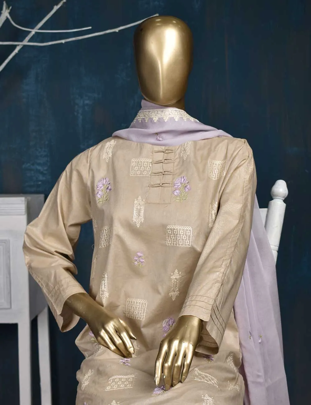 3 Pc Printed and Embroidered Cotton Dress with Embroidered Chiffon Dupatta - Eyebrow (CE-2B-Tan)