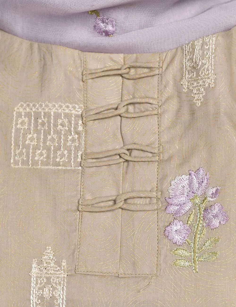 3 Pc Printed and Embroidered Cotton Dress with Embroidered Chiffon Dupatta - Eyebrow (CE-2B-Tan)