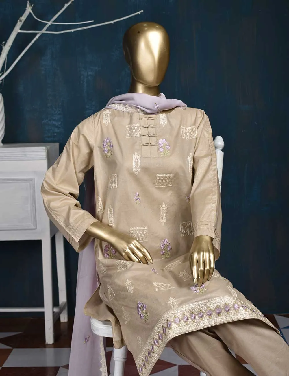 3 Pc Printed and Embroidered Cotton Dress with Embroidered Chiffon Dupatta - Eyebrow (CE-2B-Tan)