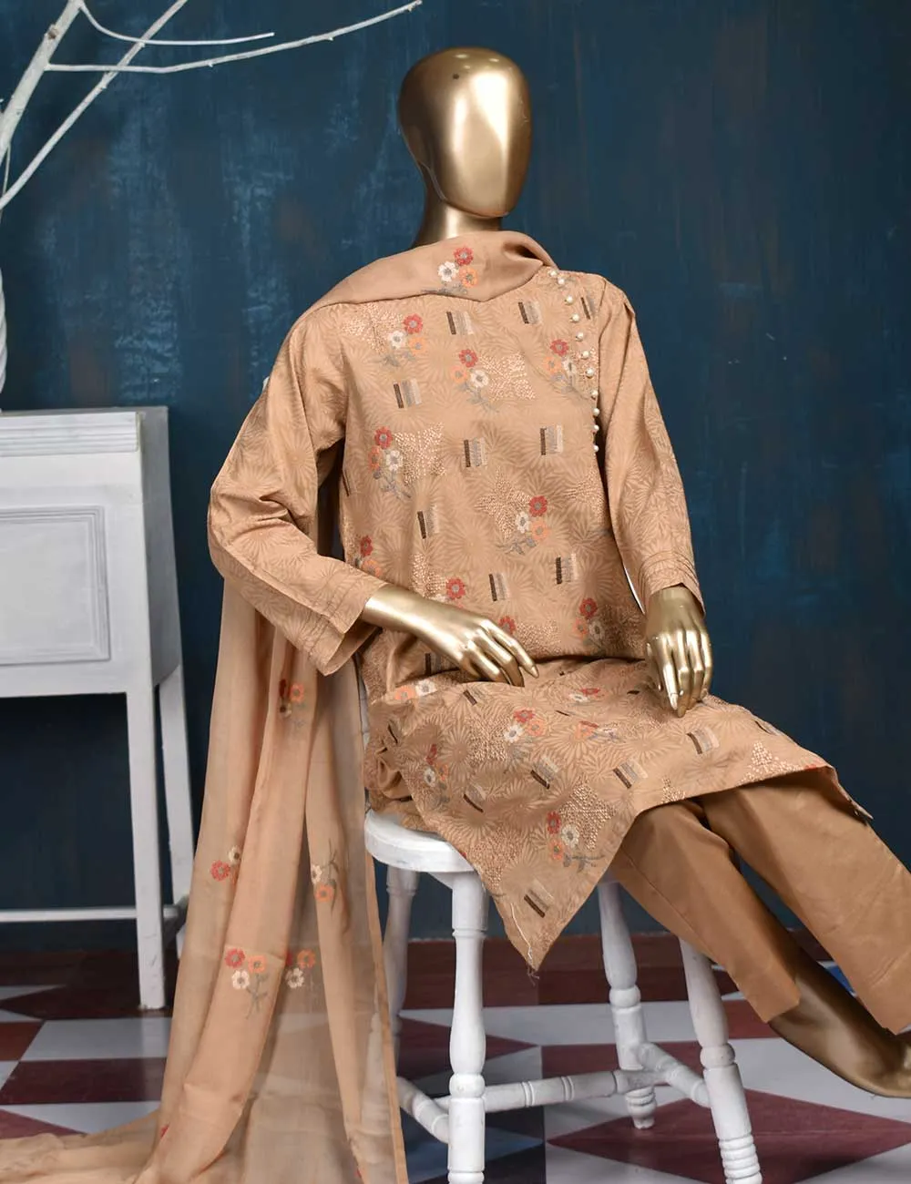 3 Pc Printed and Embroidered Cotton Dress with Embroidered Chiffon Dupatta - Sunflower (CE-1B-Skin)
