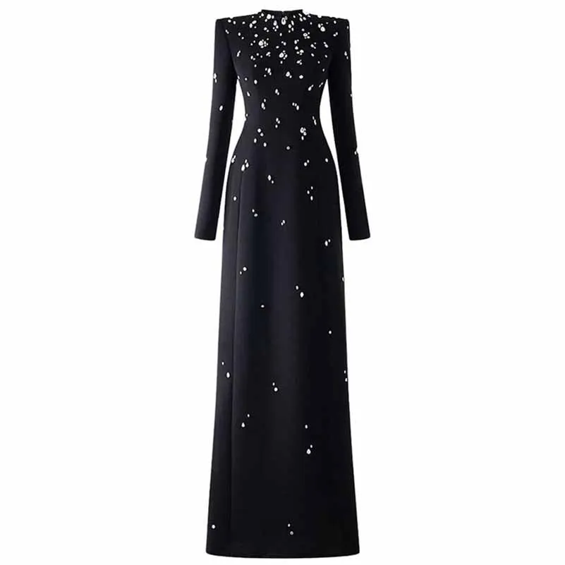 Beaded Stone Embellished Long Sleeve Dress Black Maxi Dress