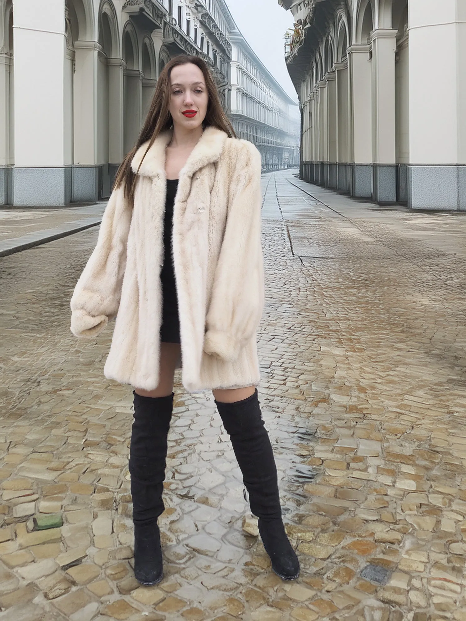 Beige Pearl Mink Fur Coat By Alan Sherry M/L