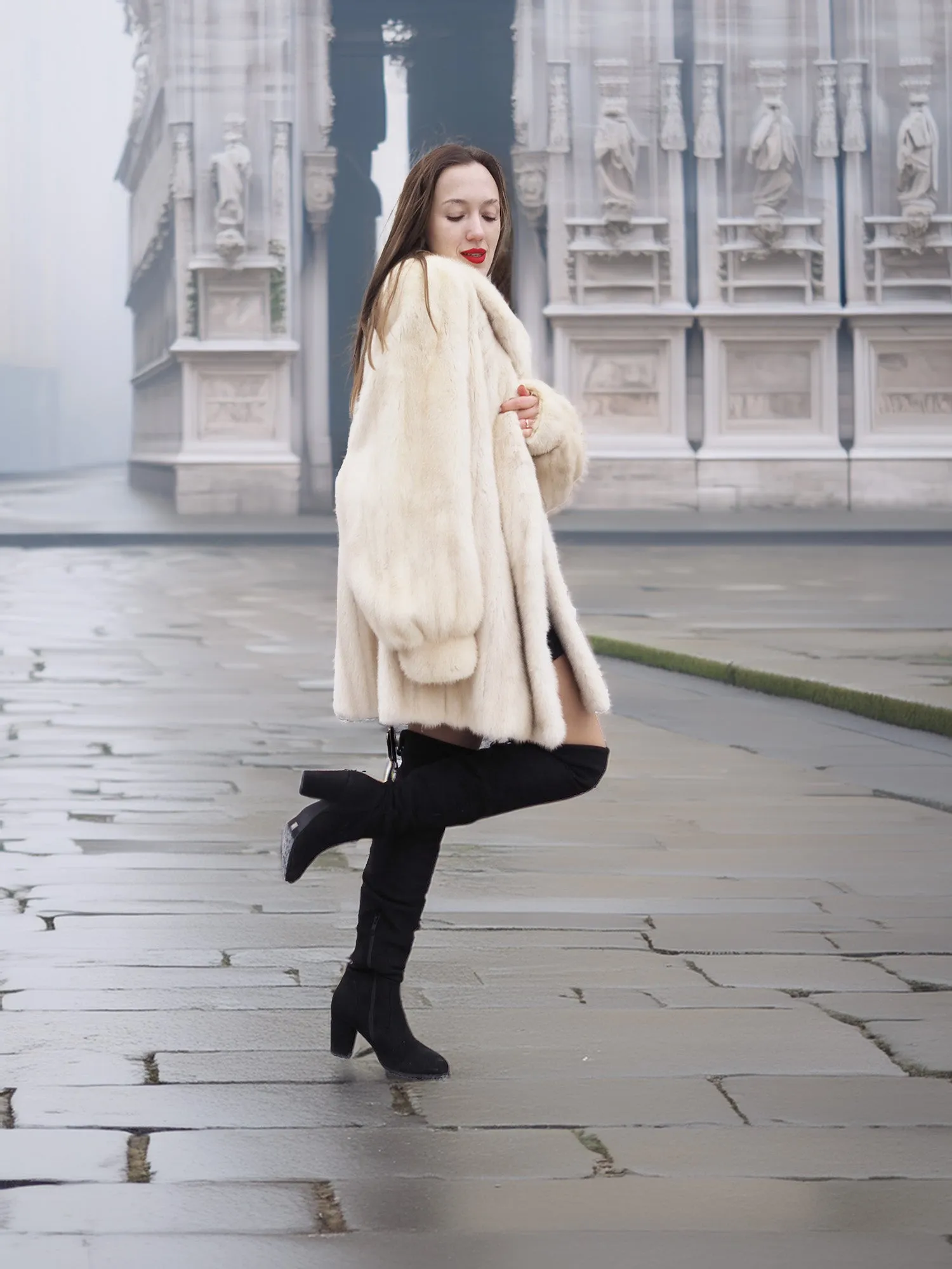 Beige Pearl Mink Fur Coat By Alan Sherry M/L