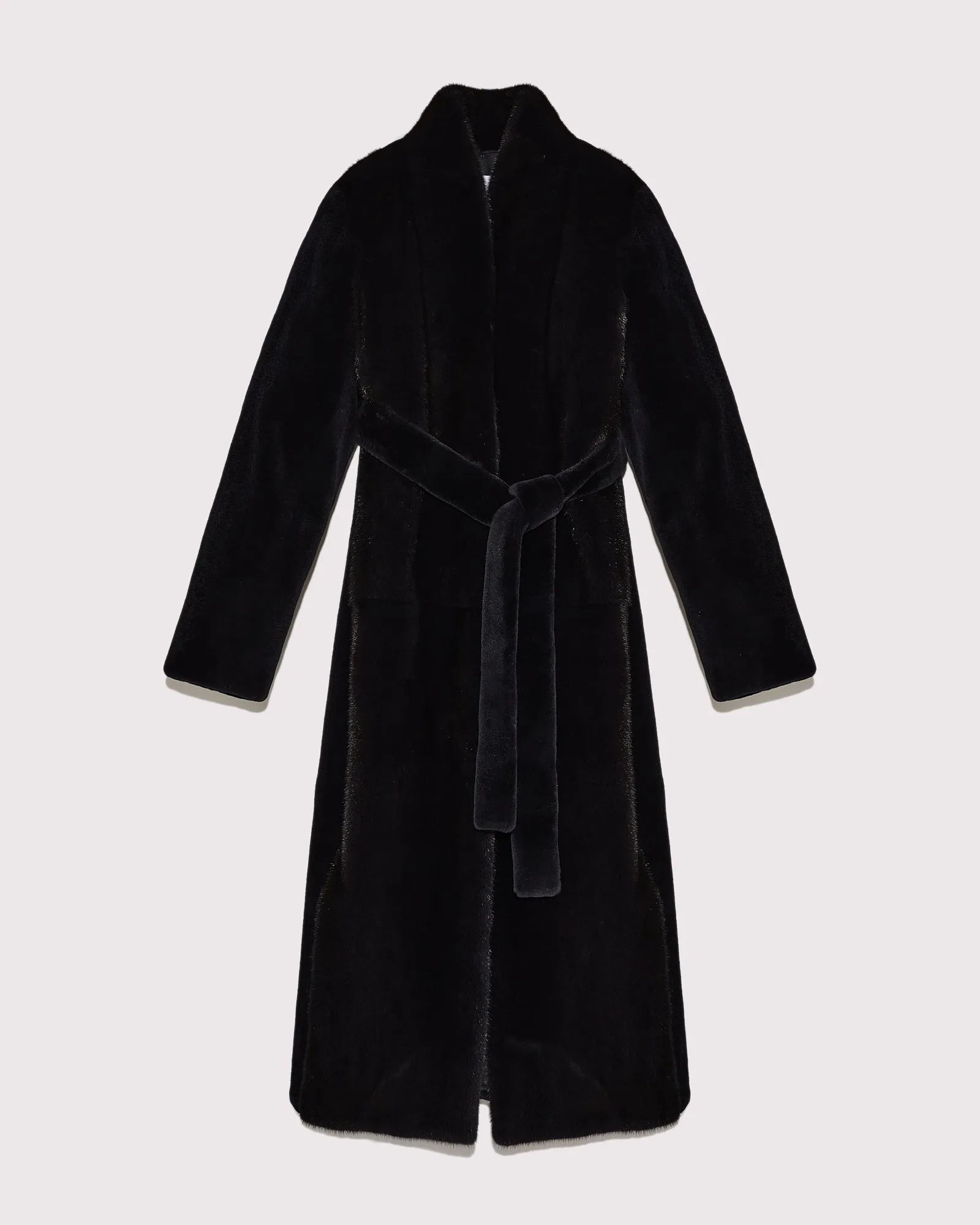 Belted coat in sheared and long-haired mink fur