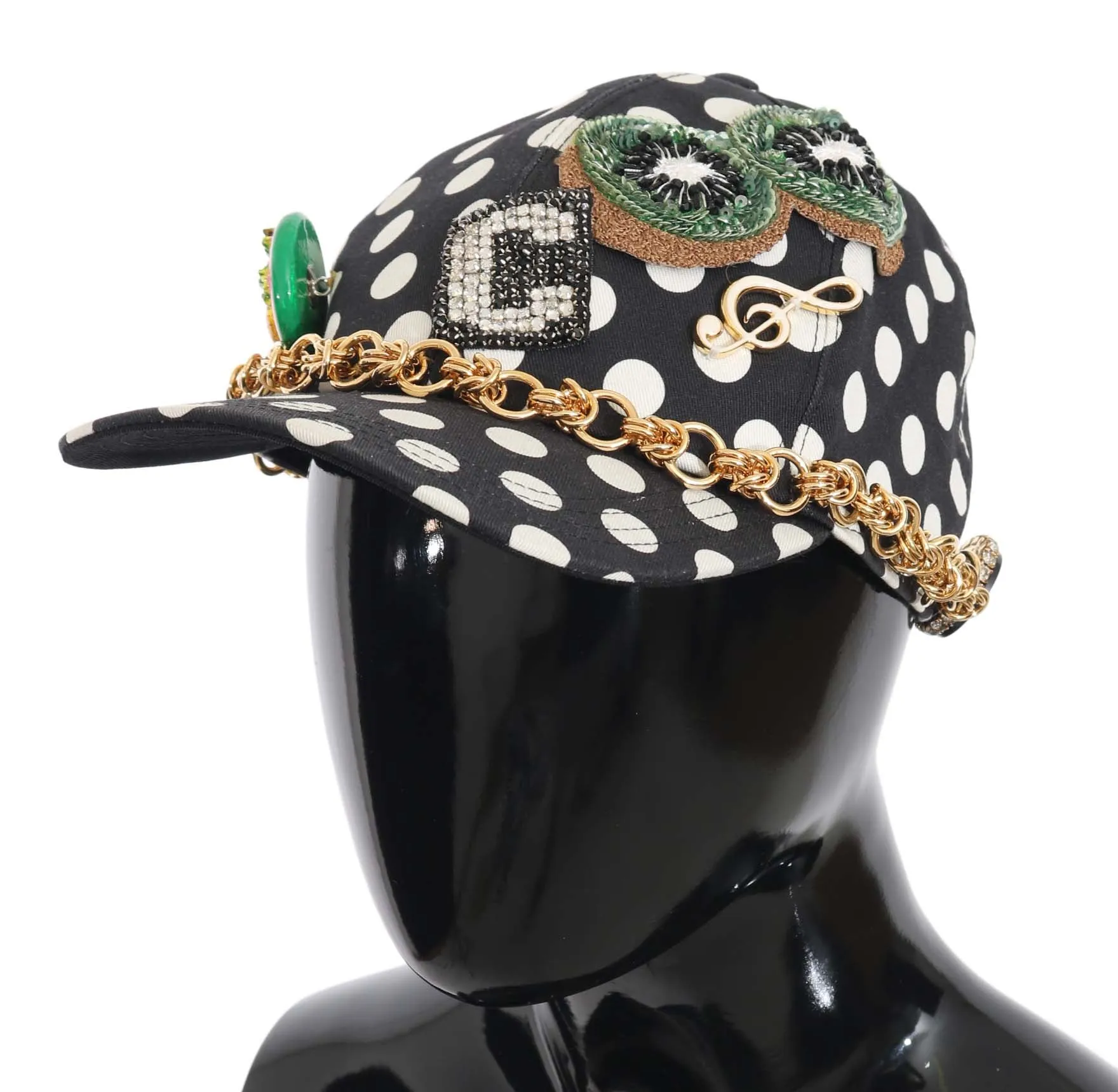 Black Cotton Crystal Polka Dot Gold Chain Baseball Hat