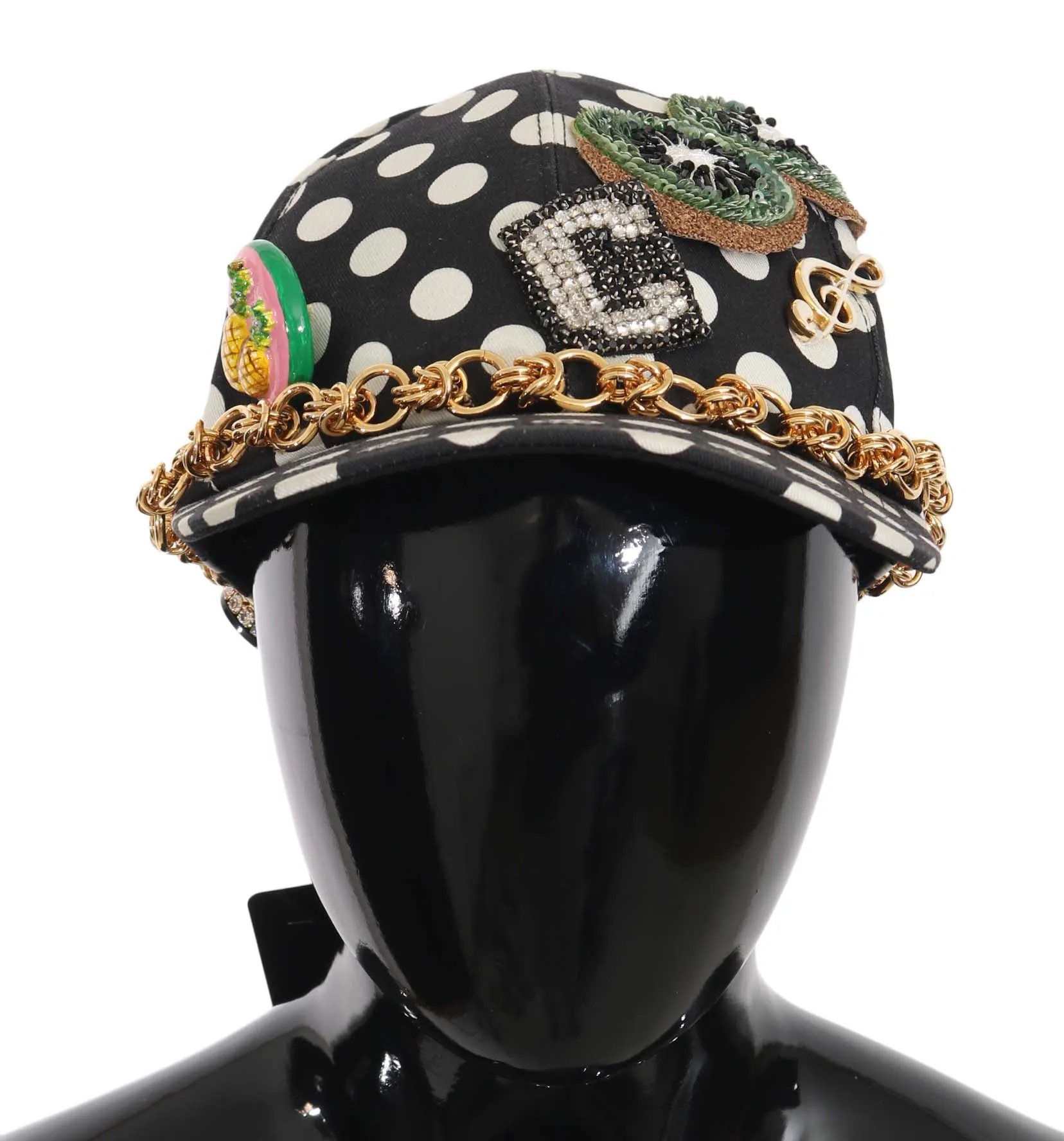 Black Cotton Crystal Polka Dot Gold Chain Baseball Hat