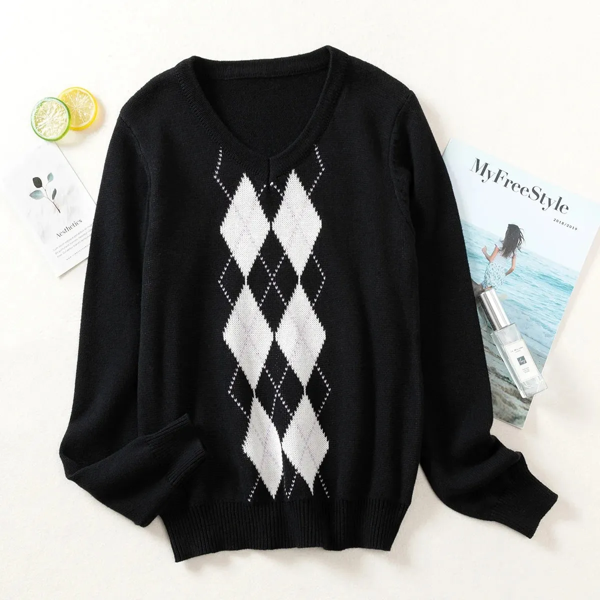 Black Diamond Lattice Knitting Sweater