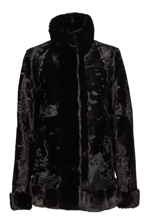 Black Russian Broadtail Fur Jacket - Black Star Mink Fur Details