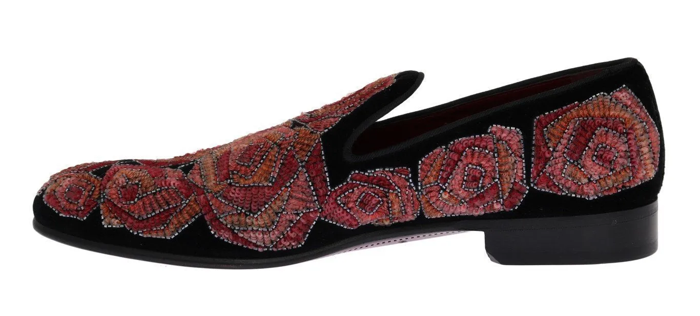 Black Velvet Red Roses Sequin Loafers