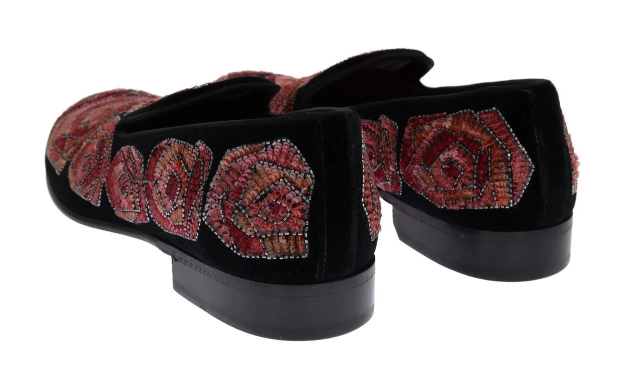 Black Velvet Red Roses Sequin Loafers