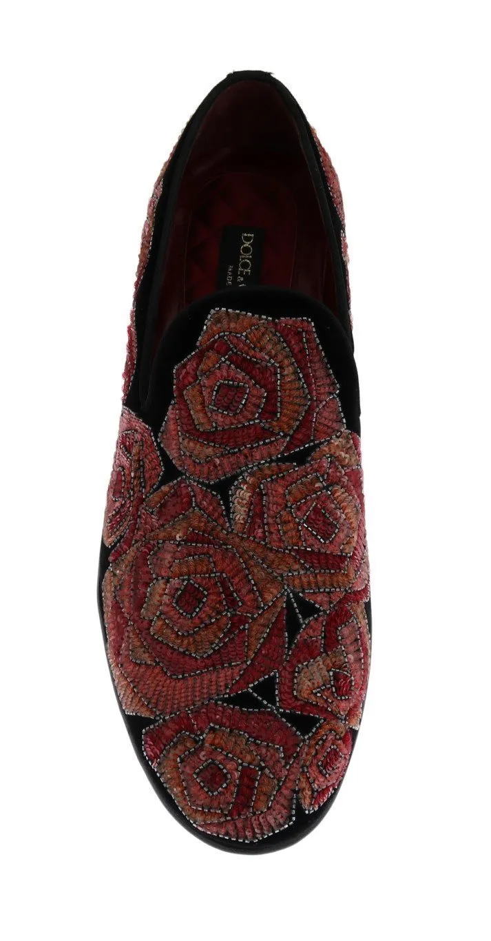 Black Velvet Red Roses Sequin Loafers