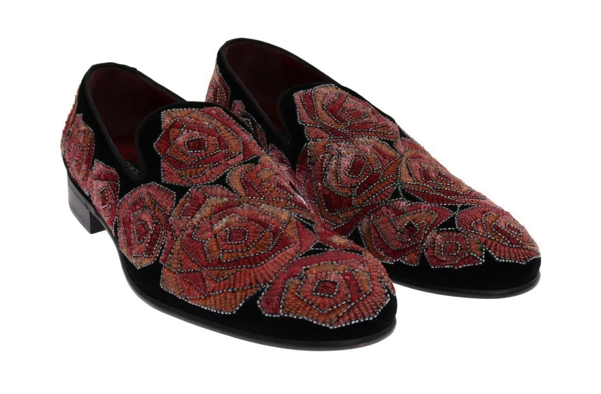 Black Velvet Red Roses Sequin Loafers