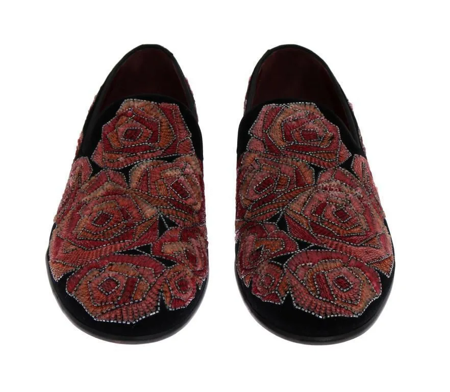 Black Velvet Red Roses Sequin Loafers
