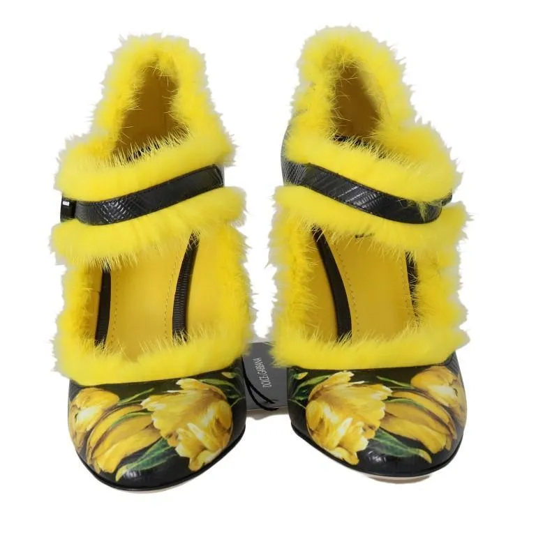 Black Yellow Leather Tulip Mink Fur Pumps