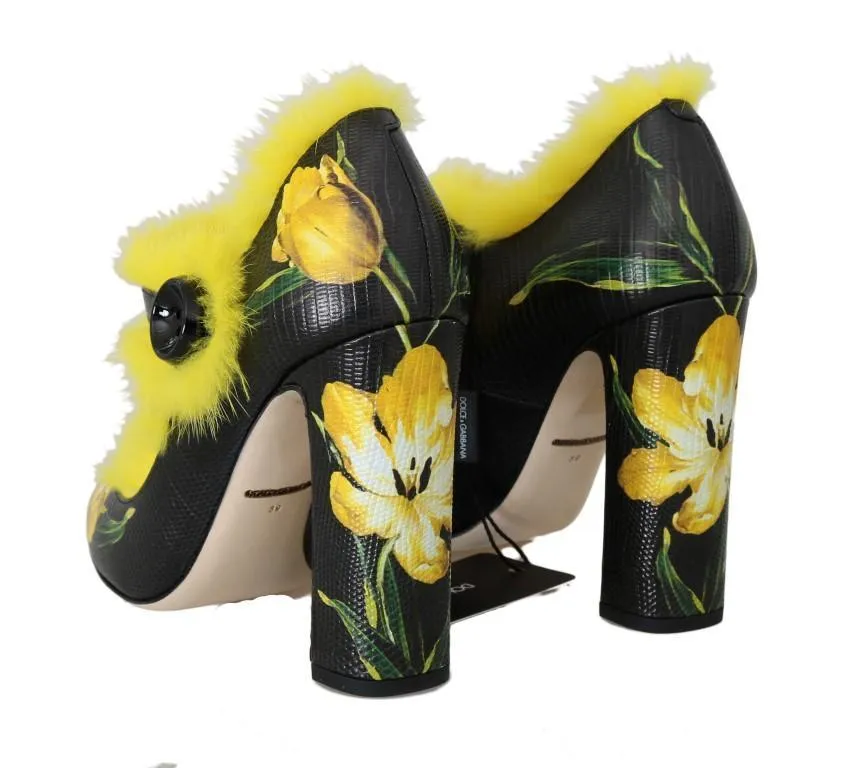 Black Yellow Leather Tulip Mink Fur Pumps
