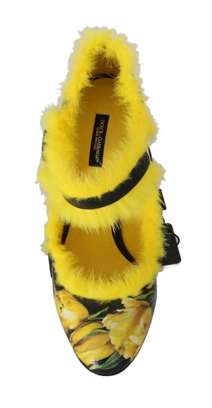 Black Yellow Leather Tulip Mink Fur Pumps