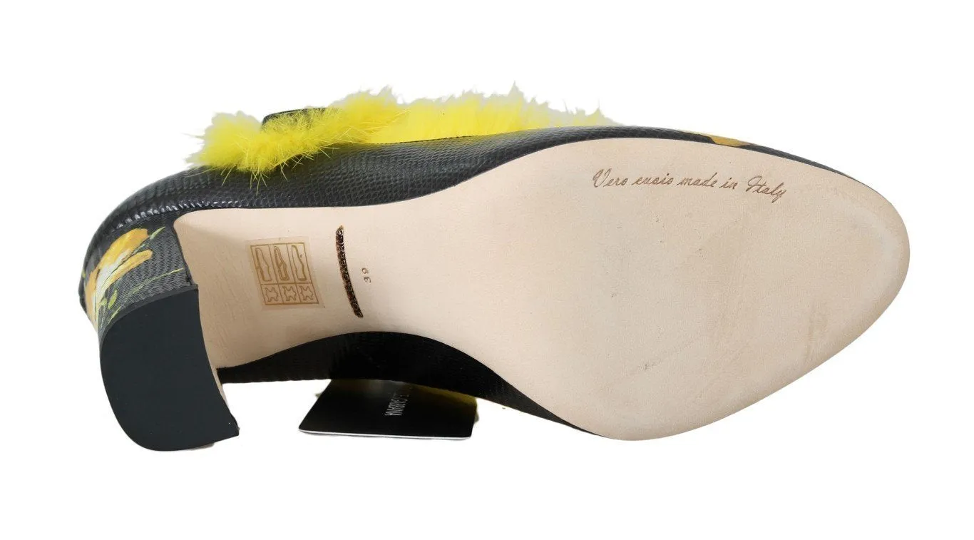 Black Yellow Leather Tulip Mink Fur Pumps