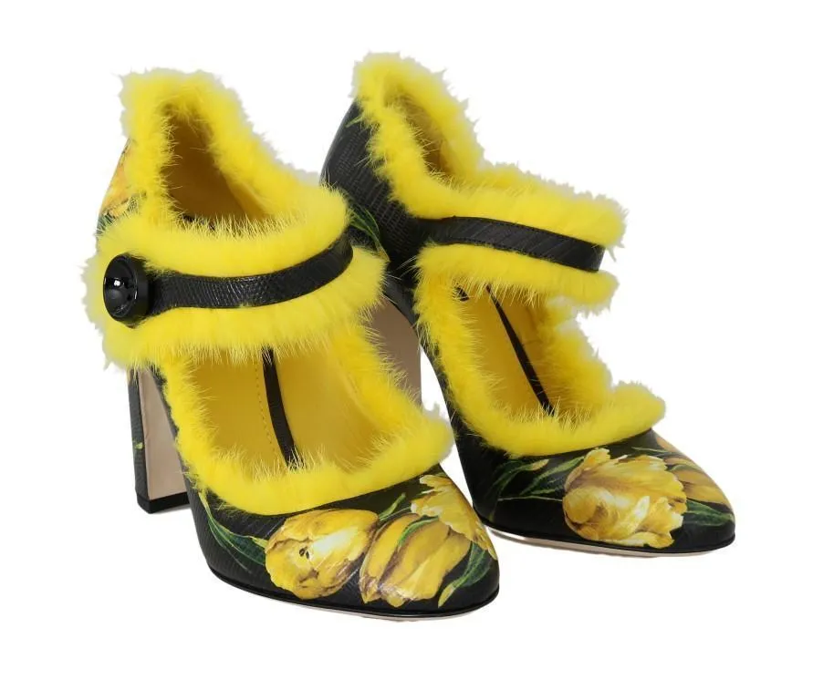 Black Yellow Leather Tulip Mink Fur Pumps