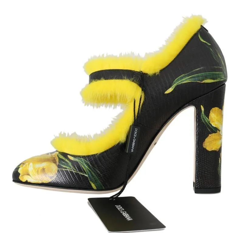 Black Yellow Leather Tulip Mink Fur Pumps