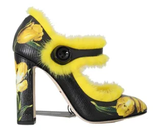 Black Yellow Leather Tulip Mink Fur Pumps