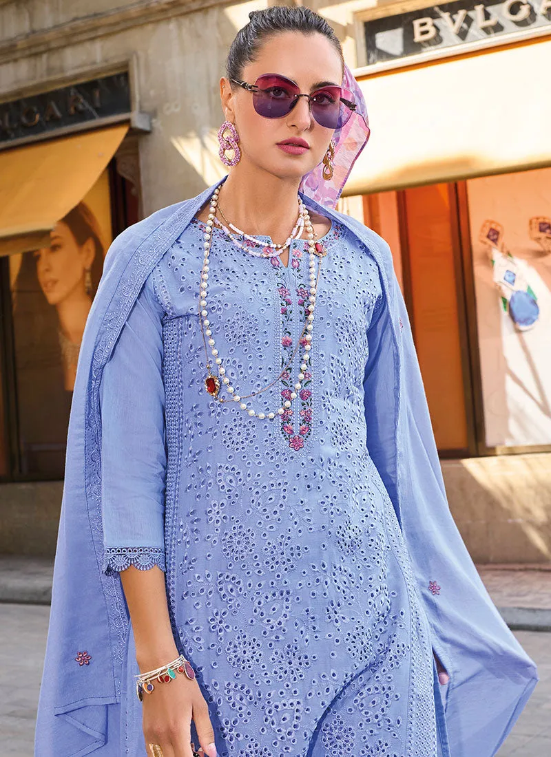 Blue Chikankari Embroidered Pant Style Salwar Suit