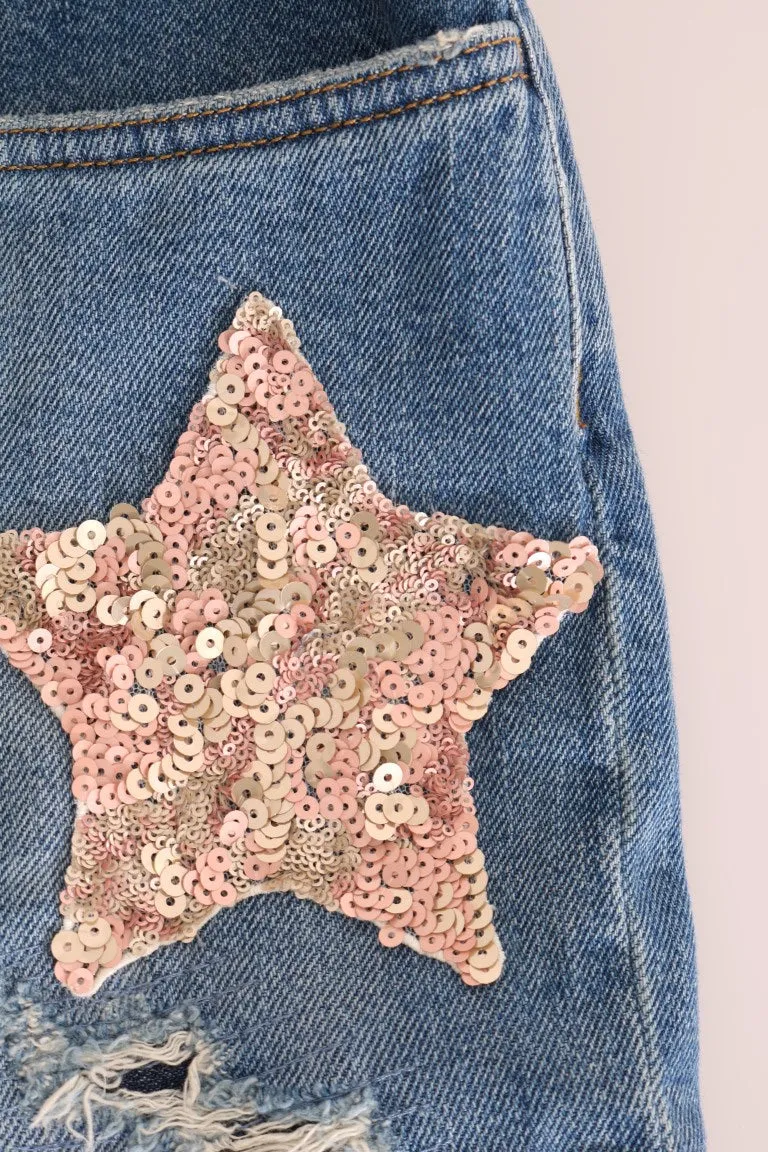 Blue Cotton Boyfriend Sequined Jeans