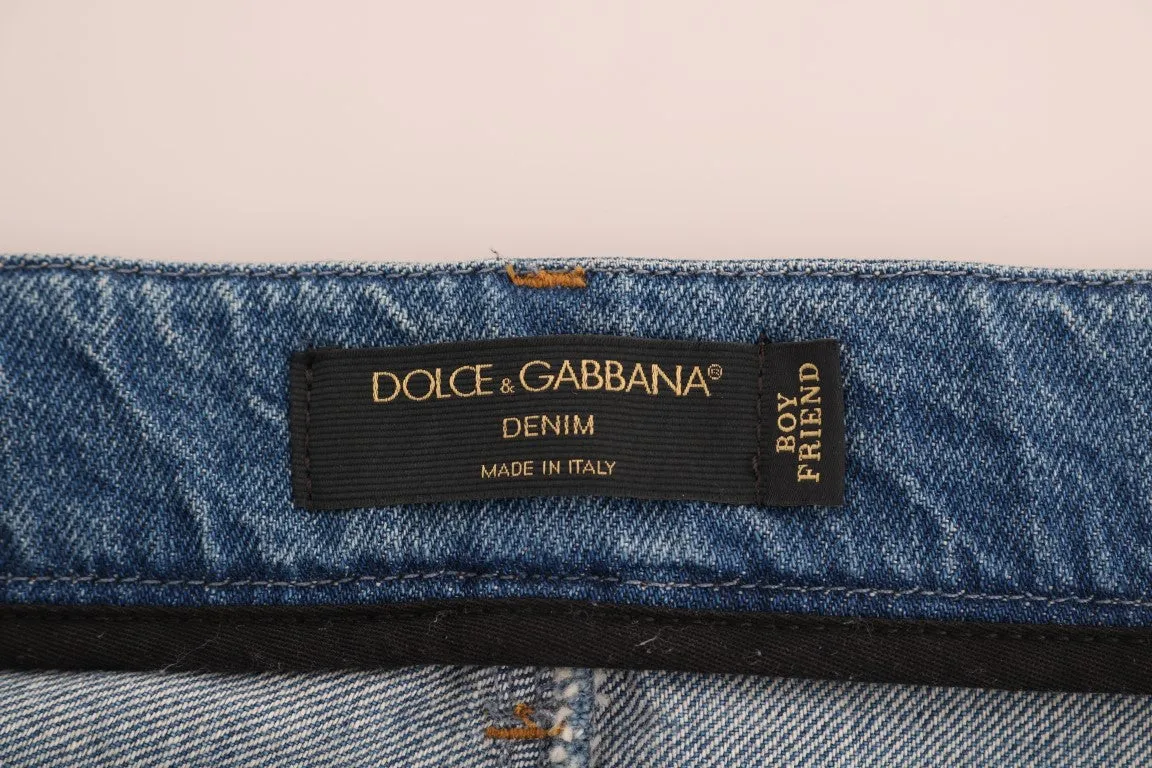 Blue Cotton Boyfriend Sequined Jeans