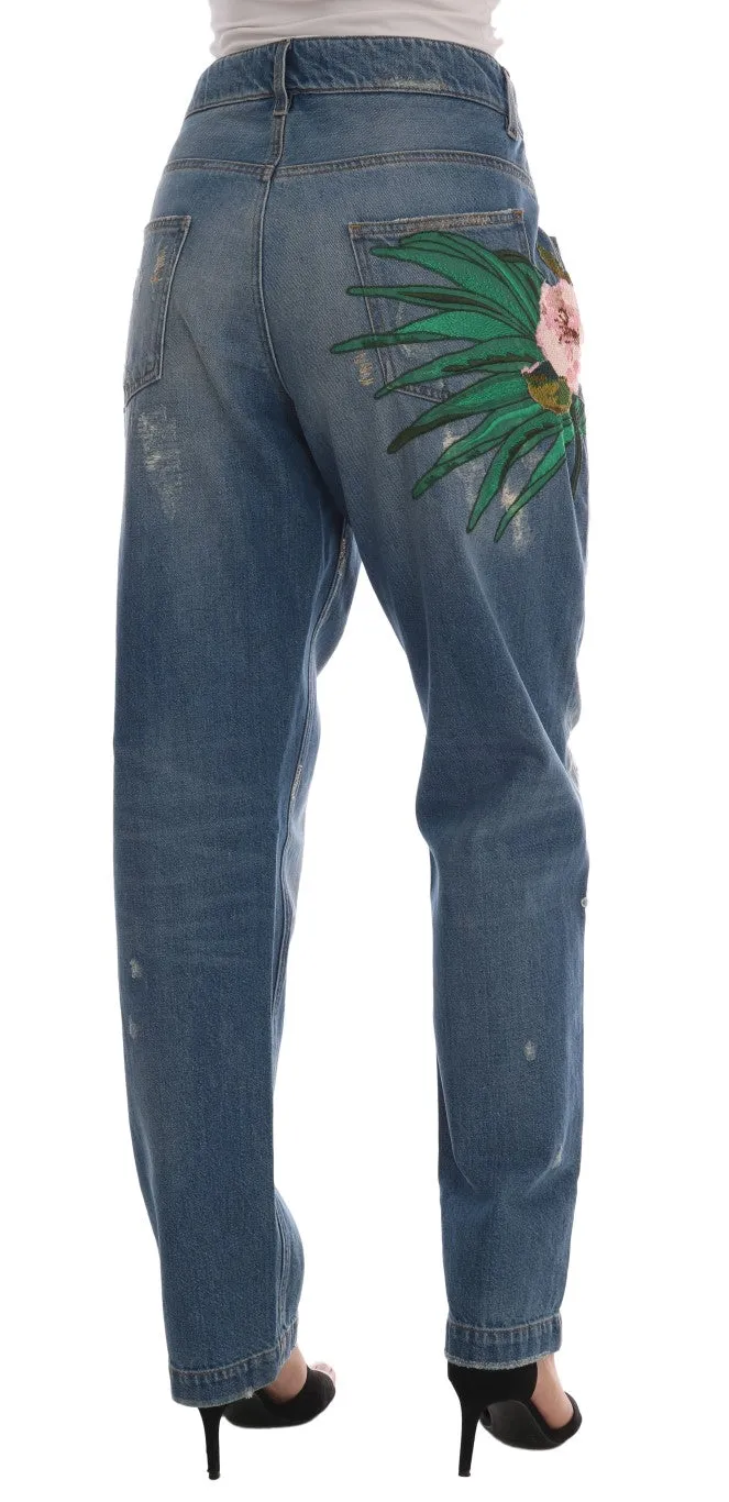 Blue Cotton Boyfriend Sequined Jeans