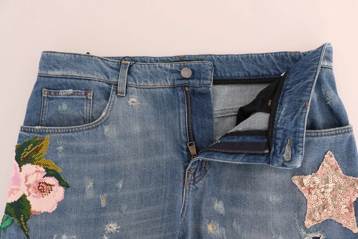 Blue Cotton Boyfriend Sequined Jeans