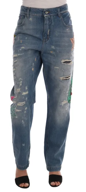 Blue Cotton Boyfriend Sequined Jeans
