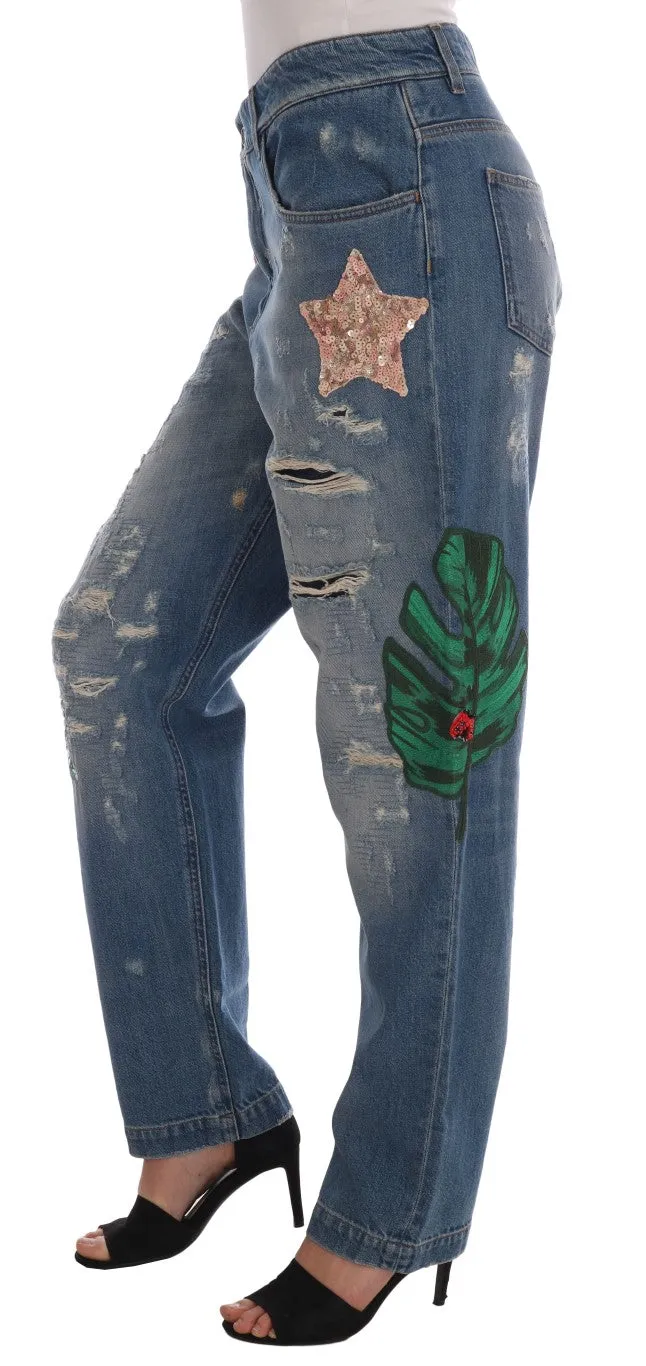 Blue Cotton Boyfriend Sequined Jeans