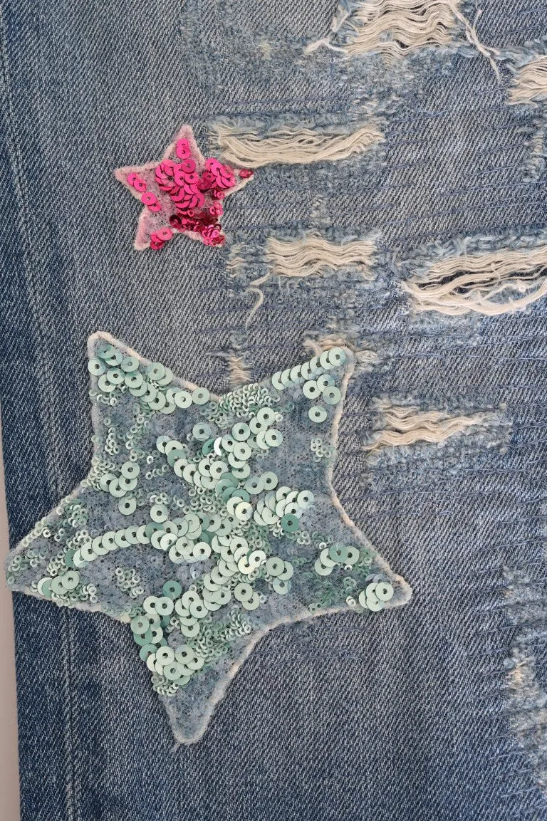 Blue Cotton Boyfriend Sequined Jeans