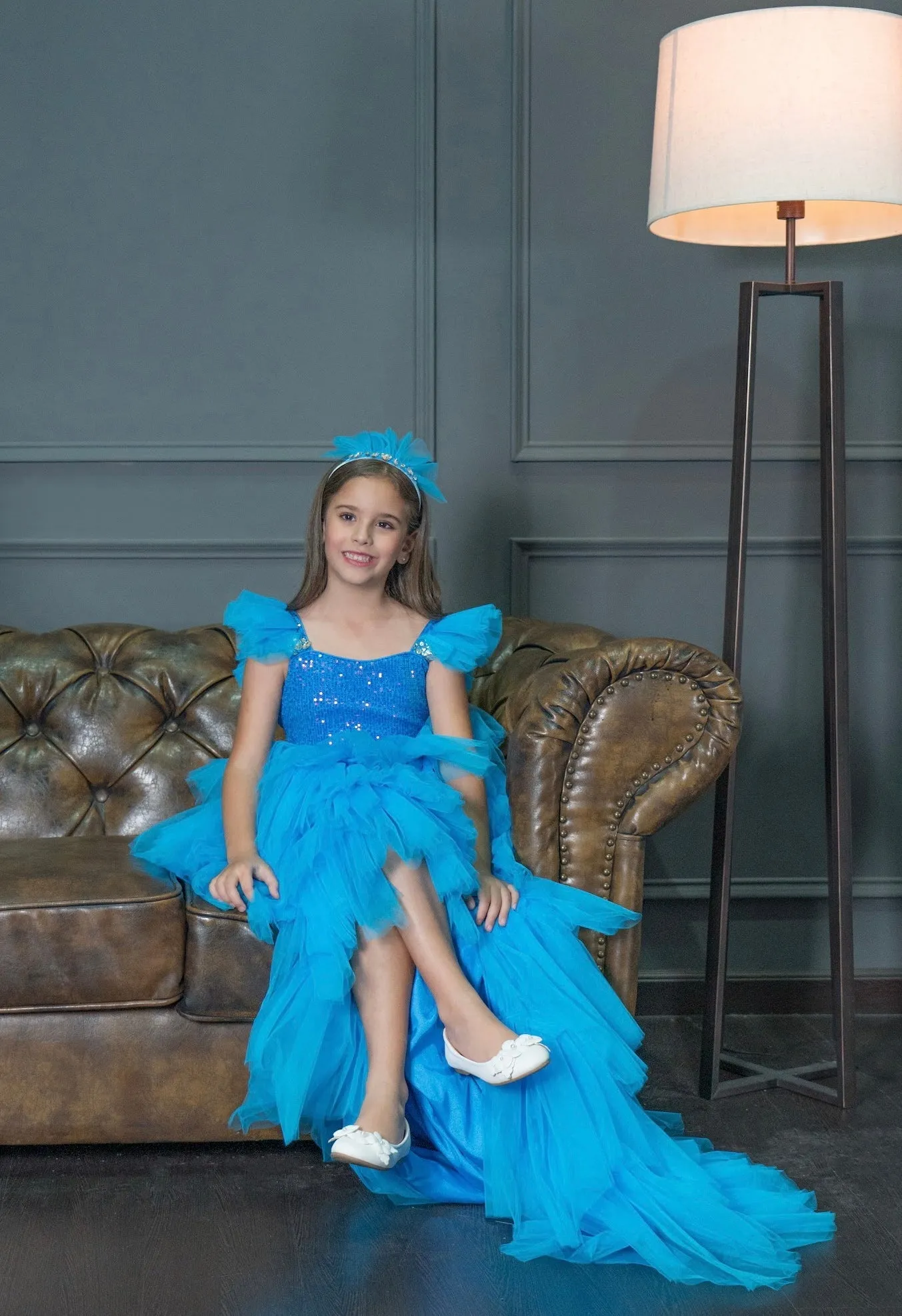 Blue Tulle Dress for Teenage Girls with Detachable Train