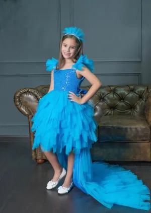 Blue Tulle Dress for Teenage Girls with Detachable Train