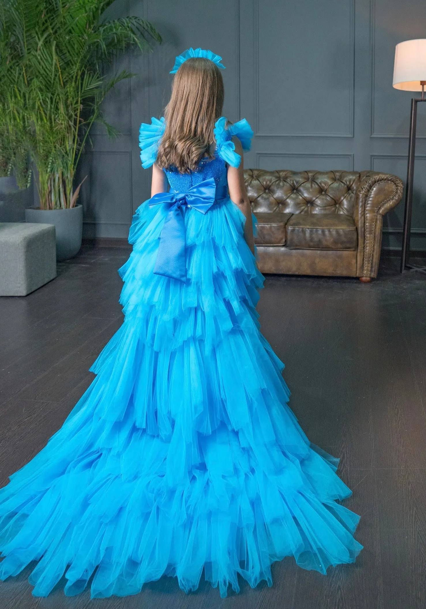 Blue Tulle Dress for Teenage Girls with Detachable Train