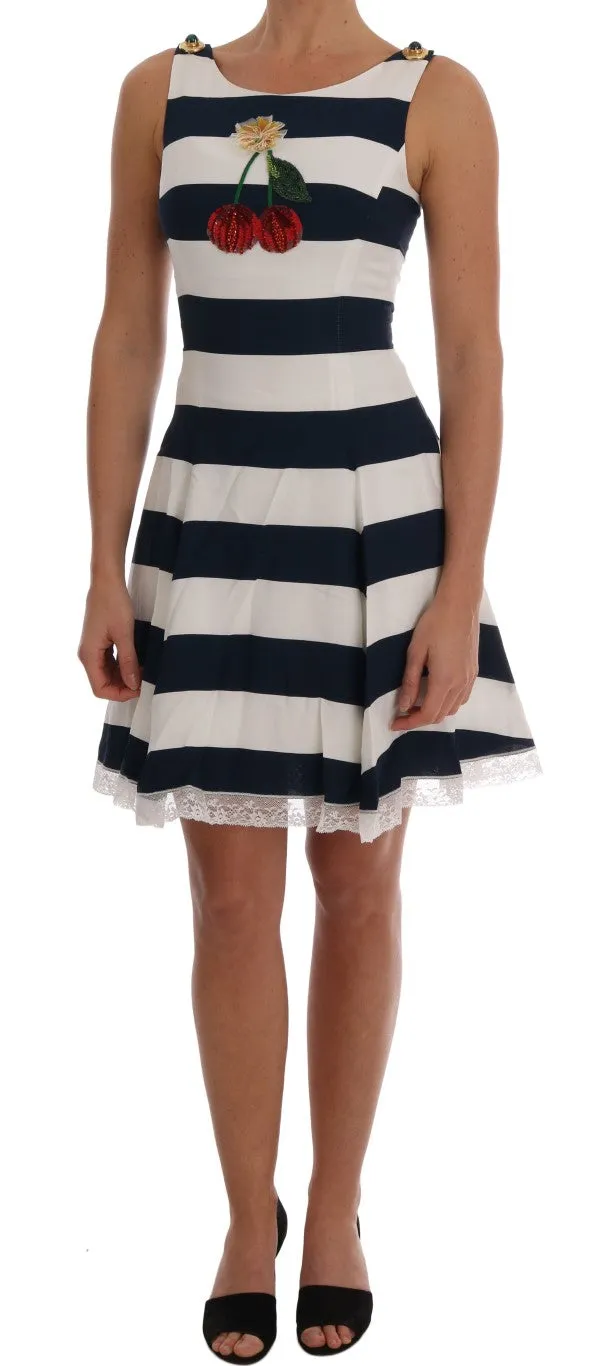 Blue White Cherry Sequined Stretch Dress