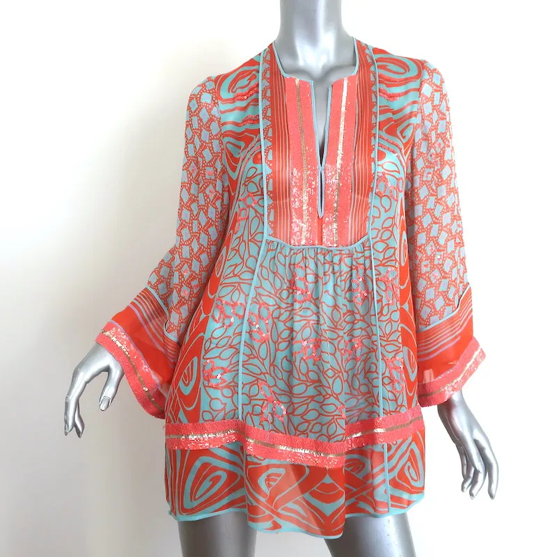 Blumarine Sequined Chiffon Tunic Top Orange Printed Silk Size 38