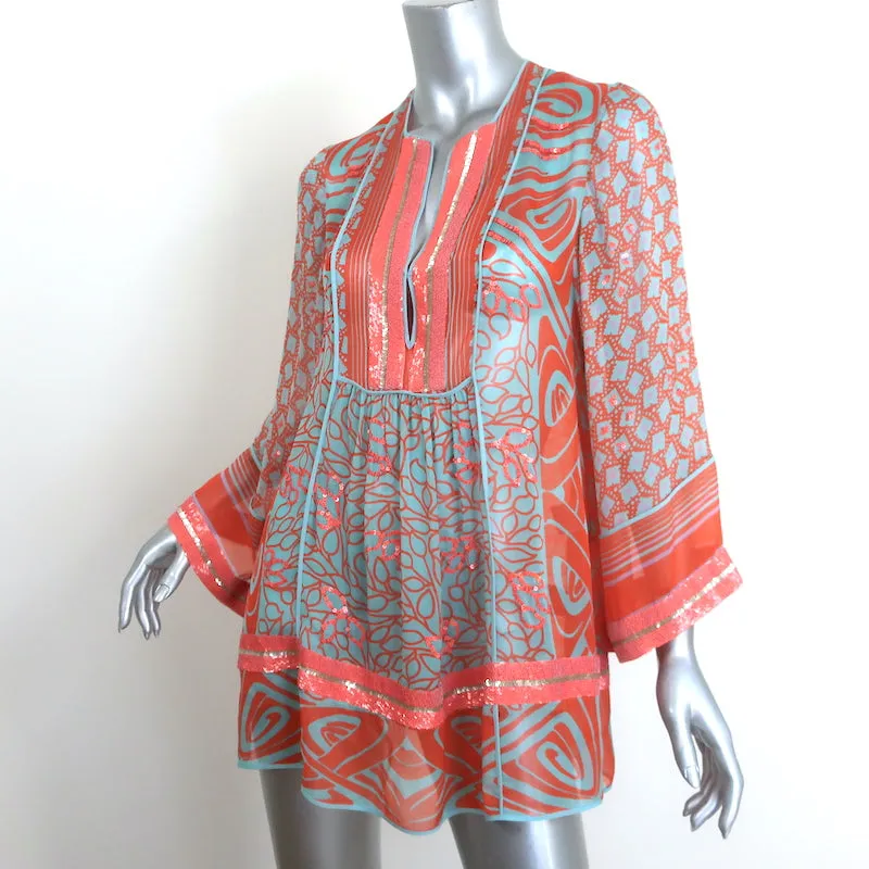 Blumarine Sequined Chiffon Tunic Top Orange Printed Silk Size 38