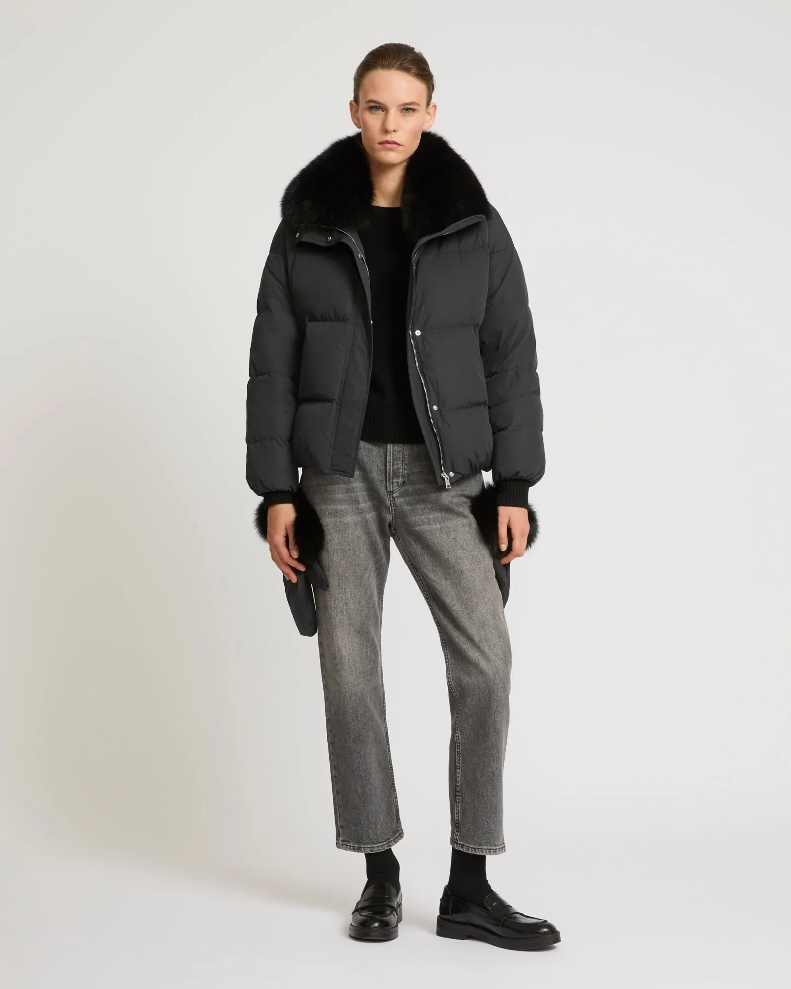 Boxy down jacket in waterproof technical fabric with fox fur collar