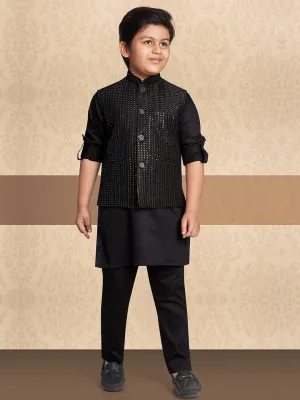 Boys Sequined Bandi Kurta Set in Black