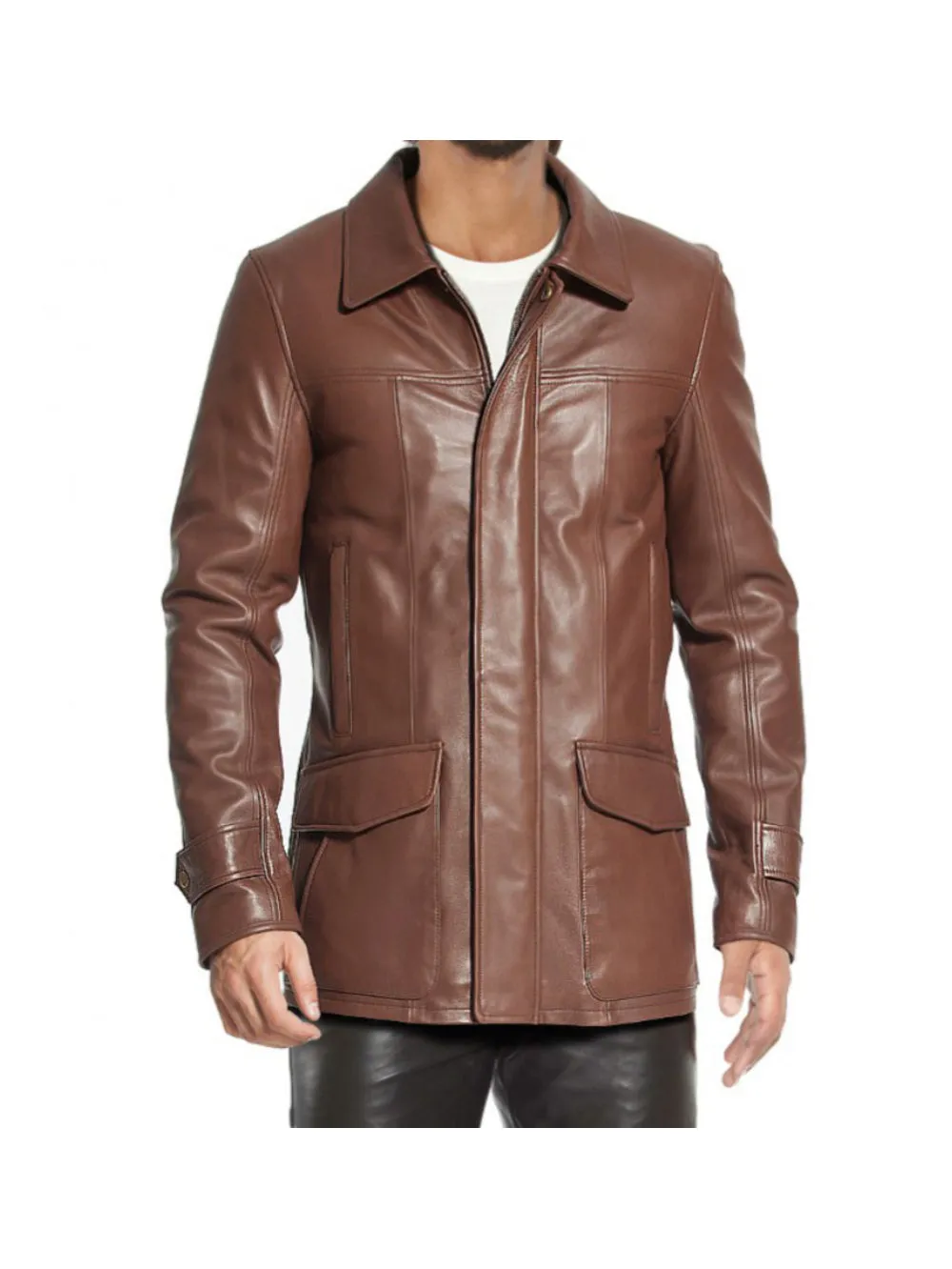 Brown Lambskin Leather Flap Pocket Coats for Men