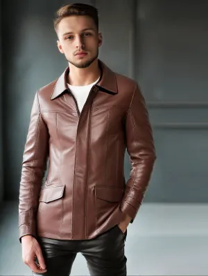 Brown Lambskin Leather Flap Pocket Coats for Men
