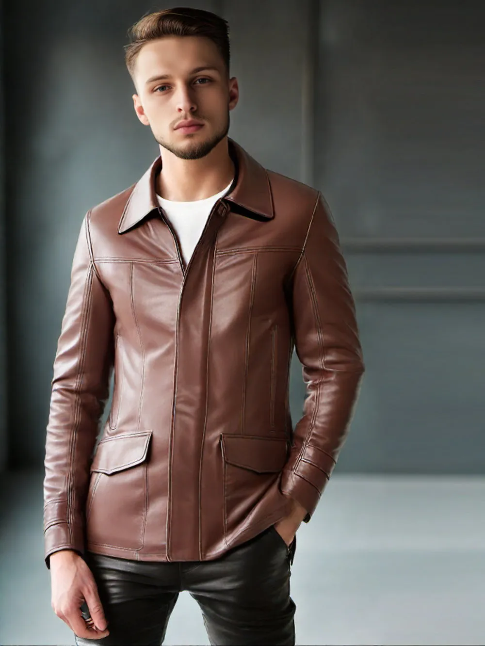 Brown Lambskin Leather Flap Pocket Coats for Men