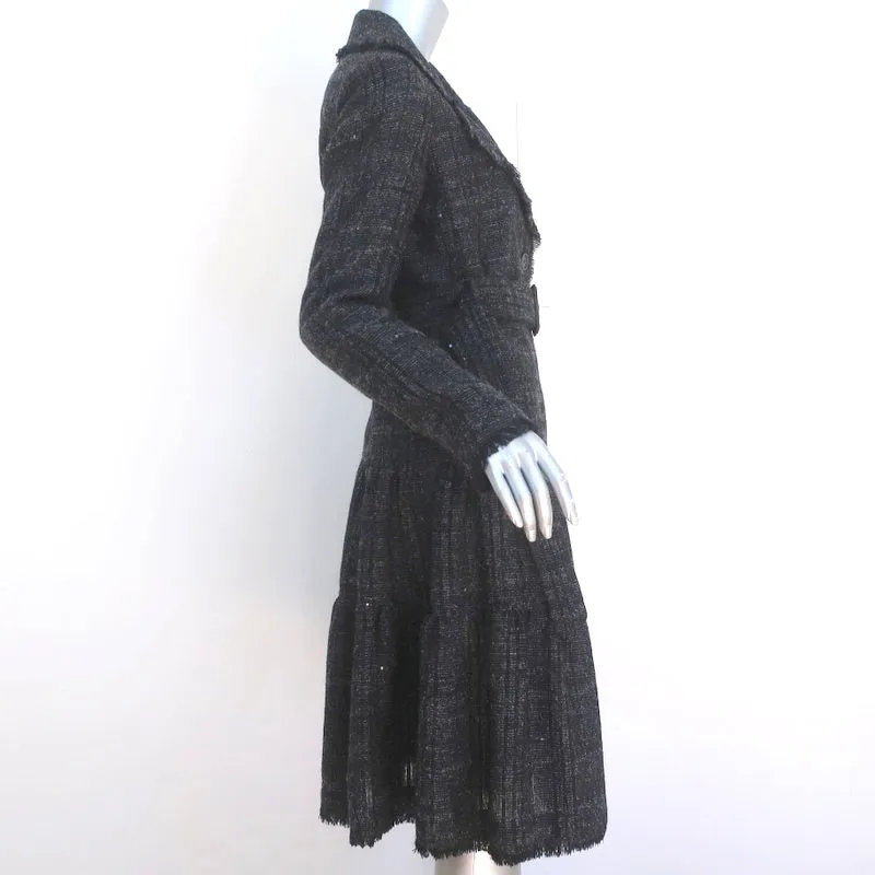 Burberry London Tiered Coat Black Sequined Tweed Size US 6 Belted Jacket