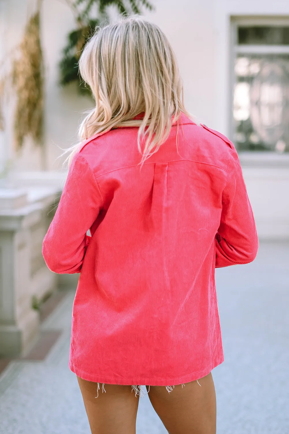 Buttoned Flap Pocket Pink Corduroy Jacket