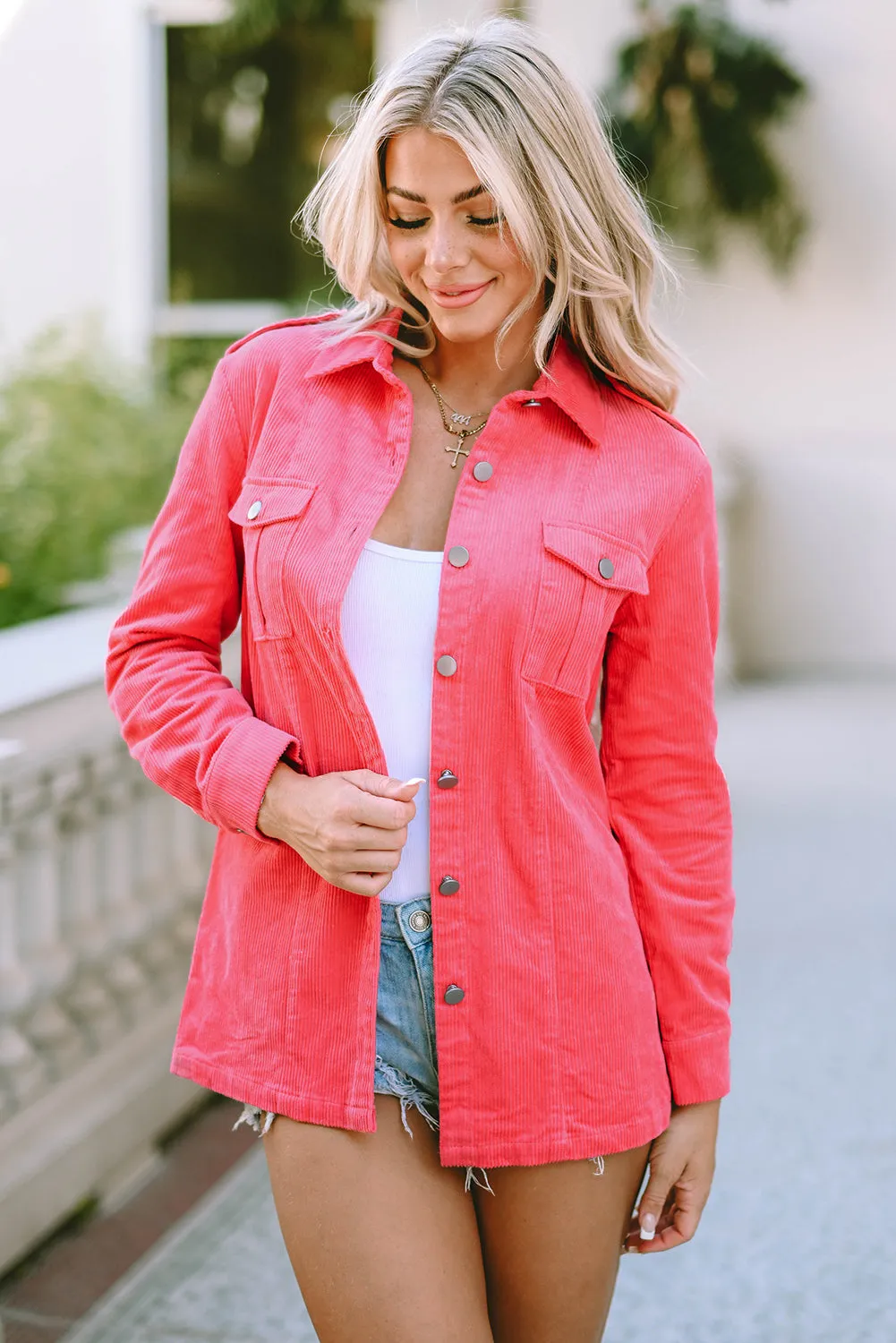Buttoned Flap Pocket Pink Corduroy Jacket