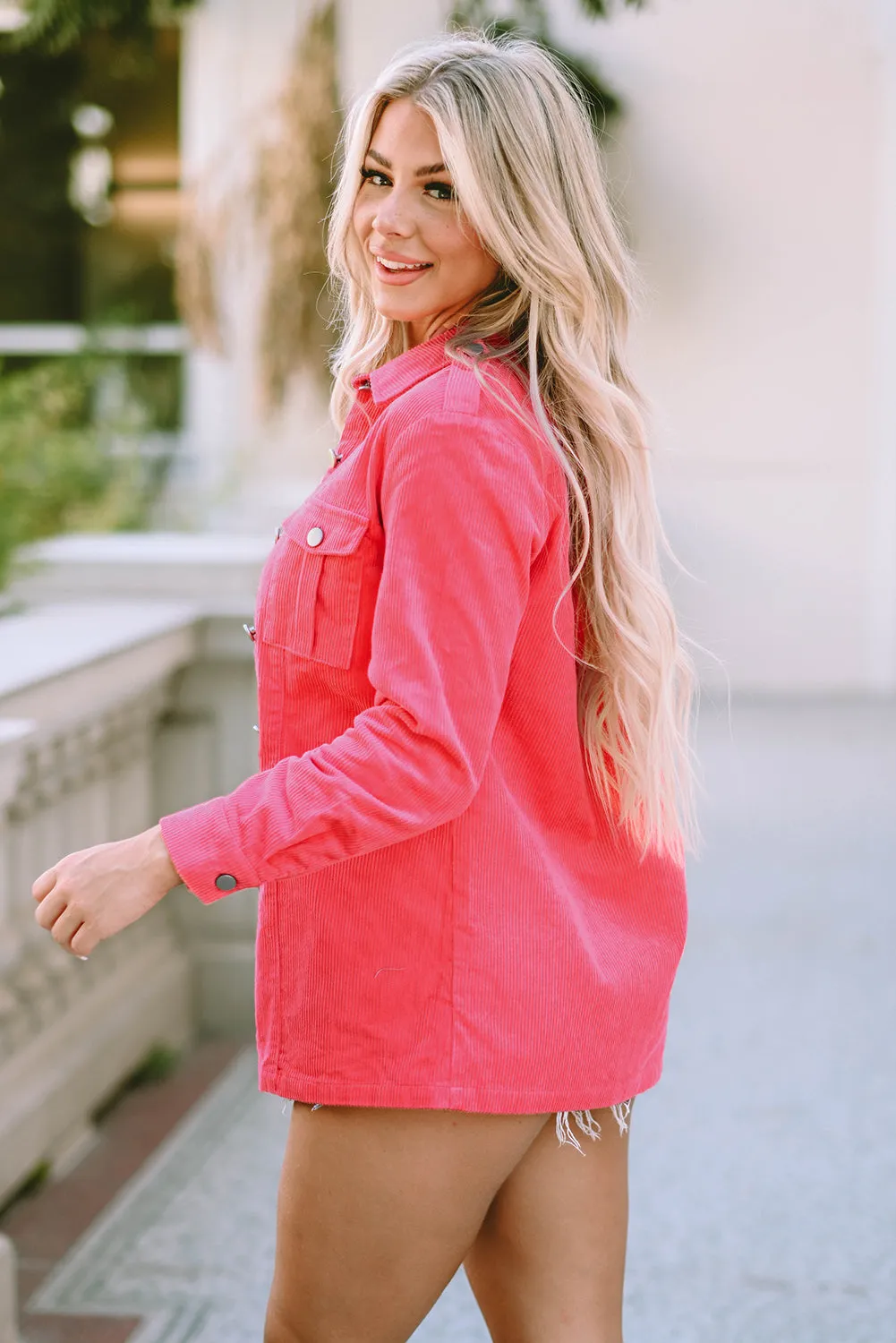 Buttoned Flap Pocket Pink Corduroy Jacket
